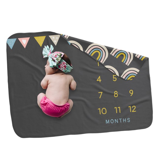 Baby Milestone Unisex Rainbow and Flags (2 sided) Baby Blanket (Baby Milestone Unisex Rainbow and Flags (2 sided) Baby Blanket from Ricaso. Add own name.)