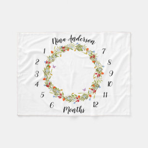 baby milestone with field flowers and butterflies fleece blanket
