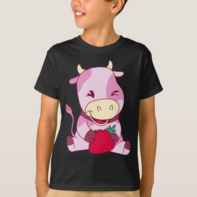 Baby Milk Cow Loves Strawberries Cattle Breeder Fa T-Shirt (Front)