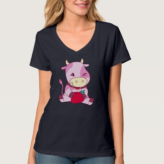 Baby Milk Cow Loves Strawberries Cattle Breeder Fa T-Shirt (Front)