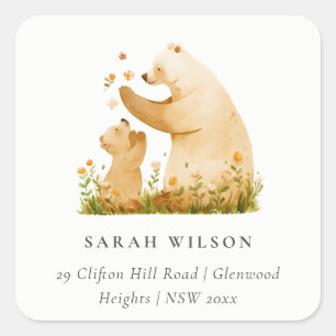 Baby Mom Bear Floral Neutal Watercolor Addrerss Square Sticker