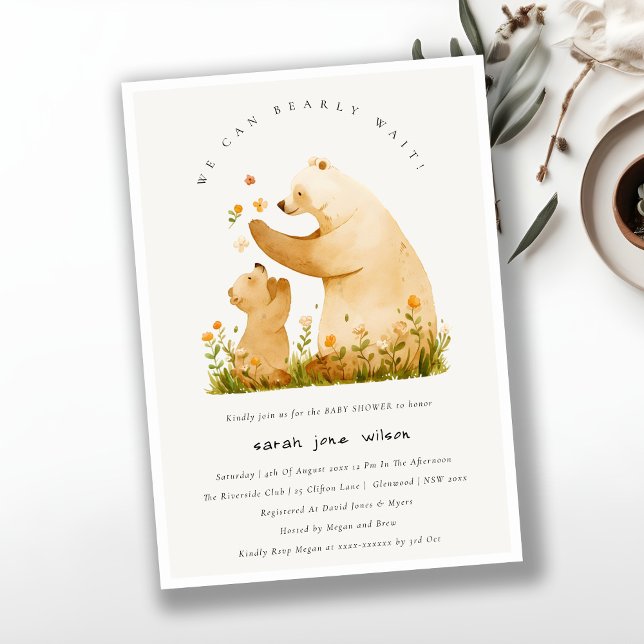 Baby Mom Bearly Wait Floral Neutal Baby Shower Invitation (Creator Uploaded)