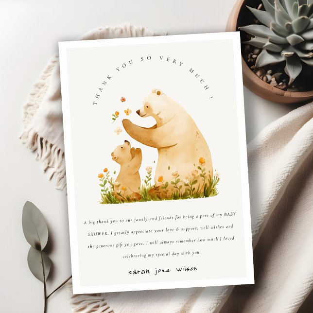 Baby Mom Bearly Wait Floral Neutal Baby Shower Thank You Card (Creator Uploaded)