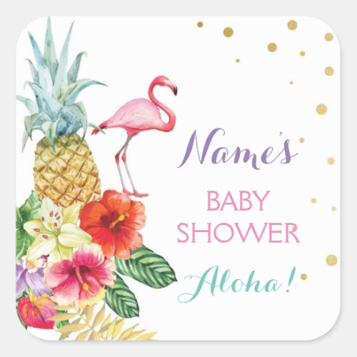 Baby Mom Shower Aloha Flamingo Tiki Stickers Label