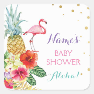 Baby Mom Shower Aloha Flamingo Tiki Stickers Label