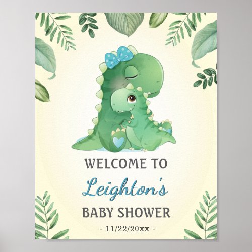 Baby Momma Dinosaurs Blue Baby Boy Shower Welcome Poster