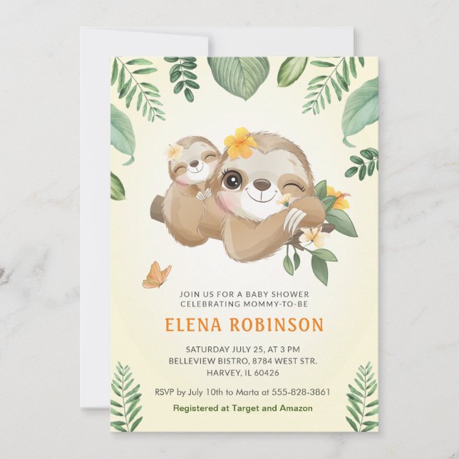 Baby Mommy Sloth Jungle Gender Neutral Baby Shower Invitation (Front)