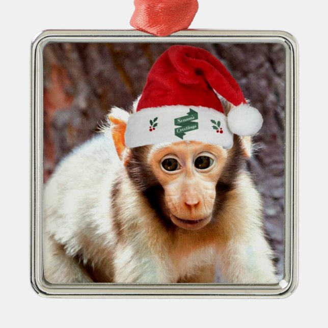 Baby Monkey at Christmas Metal Ornament (Front)
