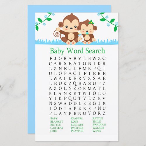 Baby Monkey Baby Shower Word Search Game