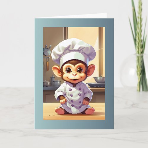 Baby Monkey Chef Illustration Blank Greeting  Card