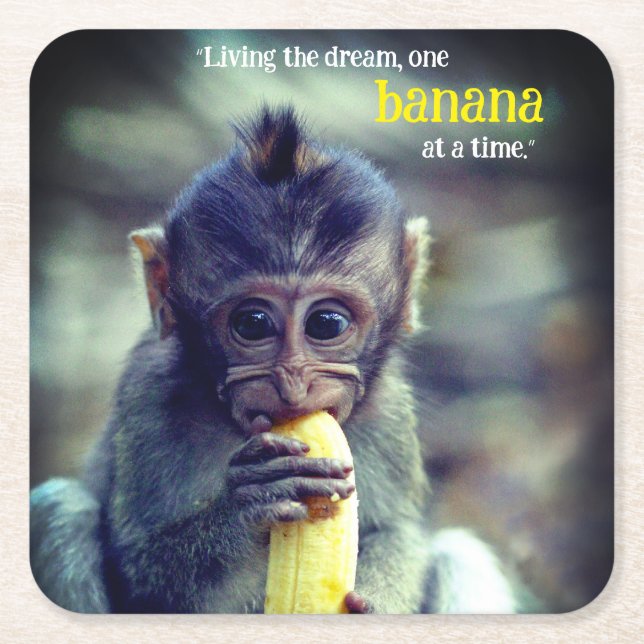 Baby Monkey Eating Banana Square Paper Coaster (Front)