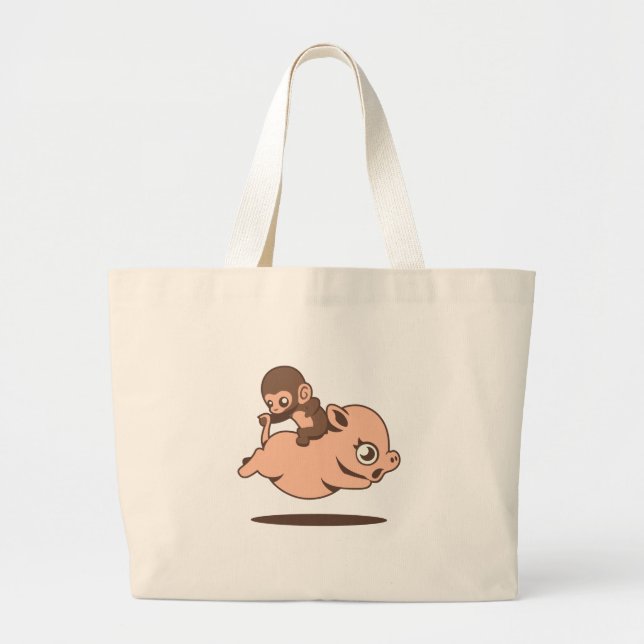 Baby Monkey (Going Backwards on a Pig) Large Tote Bag (Front)