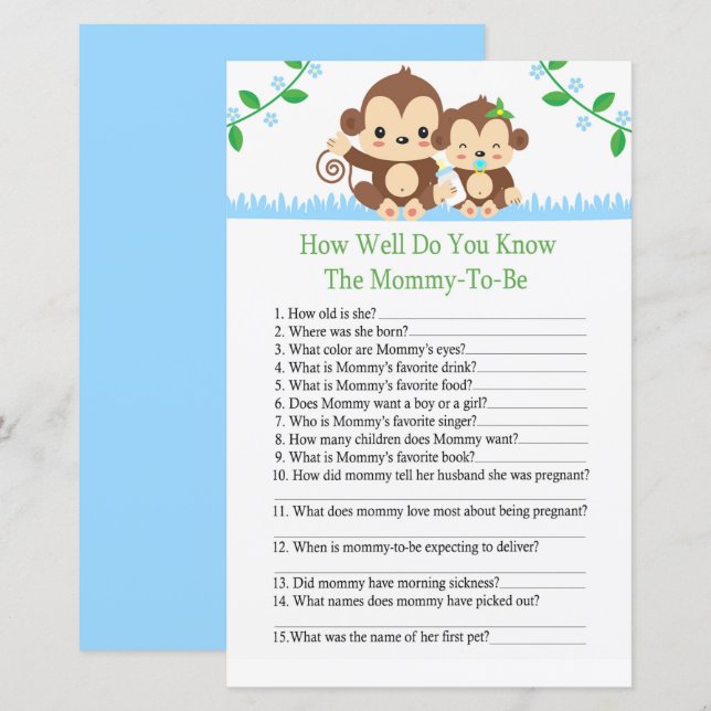 Baby Monkey How well do you know baby shower game (Front/Back)