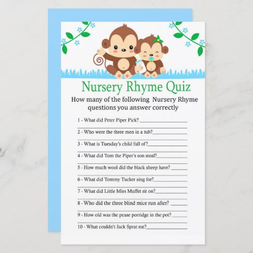 Baby Monkey Nursery Rhyme Quiz baby shower game