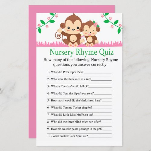 Baby Monkey Nursery Rhyme Quiz baby shower game