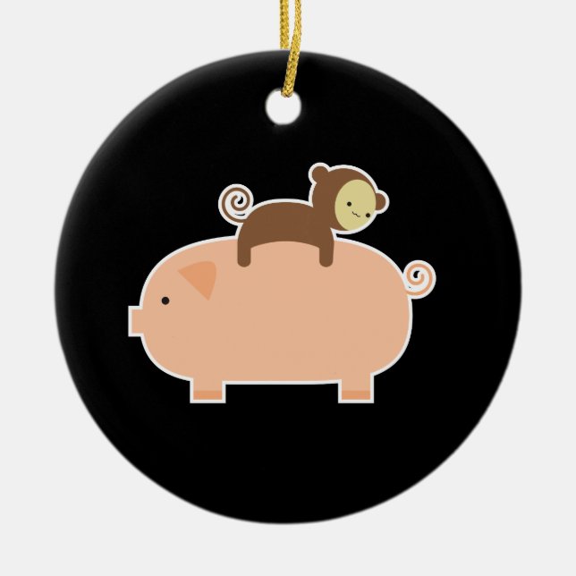 Baby Monkey Riding Backwards on a Pig Ceramic Ornament (Front)