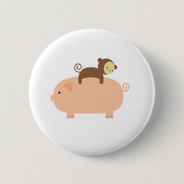 Baby Monkey Riding Backwards on a Pig Pinback Button (Front)