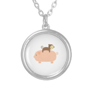 Baby Monkey Riding Backwards on a Pig Silver Plated Necklace