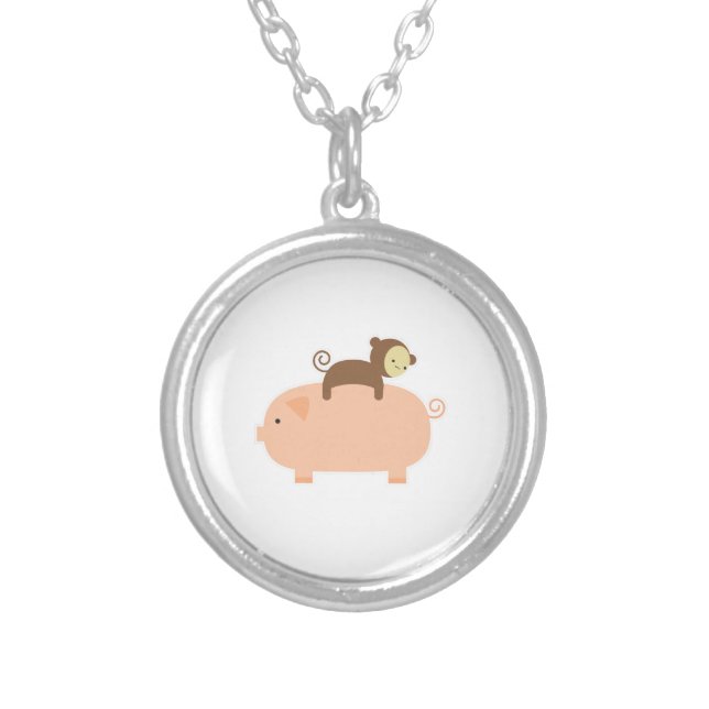Baby Monkey Riding Backwards on a Pig Silver Plated Necklace (Front)