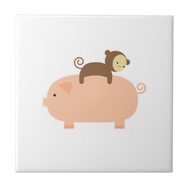 Baby Monkey Riding Backwards on a Pig Tile (Front)