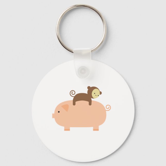 Baby Monkey Riding on a Pig Keychain (Front)