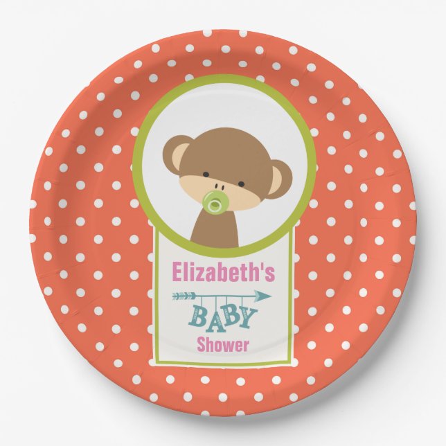 Baby Monkey with a Pacifier Baby Shower Paper Plates (Front)