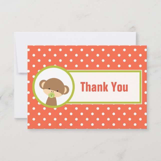 Baby Monkey with a Pacifier on Polka Dots Thanks Thank You Card (Front)