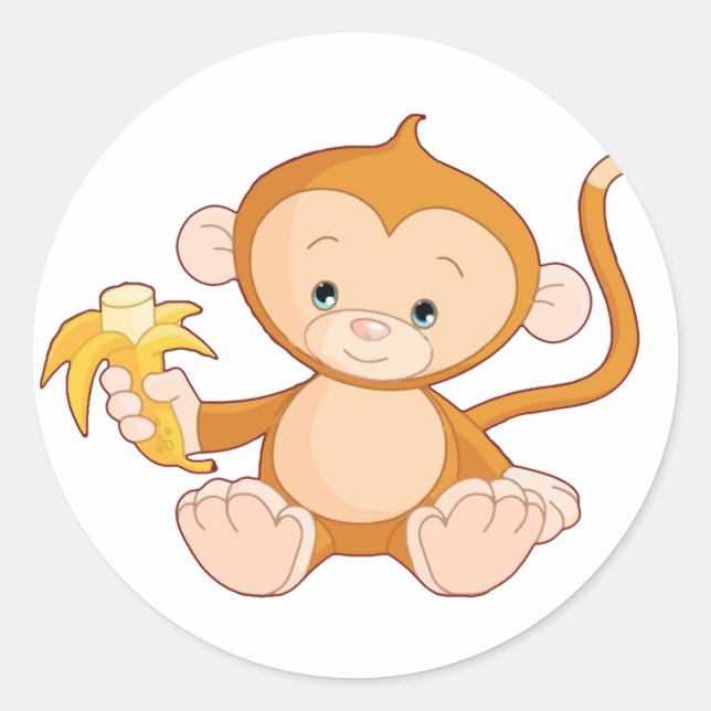 Baby Monkey with Banana Classic Round Sticker (Front)