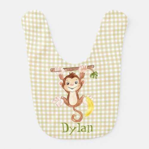 Baby Monkey With Banana _ Gingham Check Baby Bib