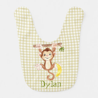 Baby Monkey With Banana - Gingham Check Bib