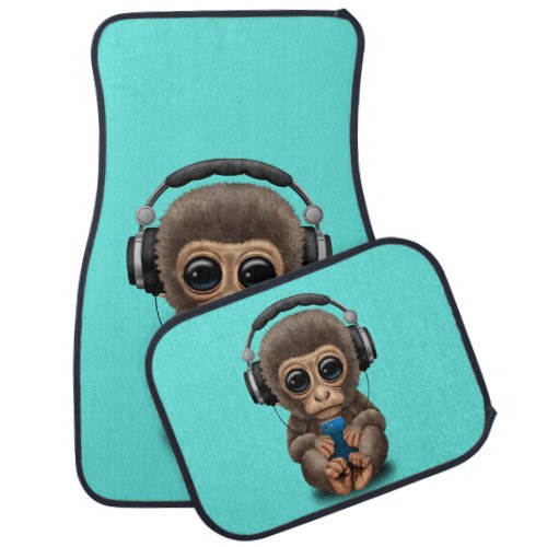 Baby Monkey with Headphones and Cell Phone Car Floor Mat