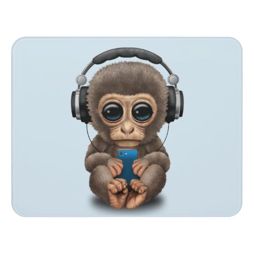 Baby Monkey with Headphones and Cell Phone Door Sign