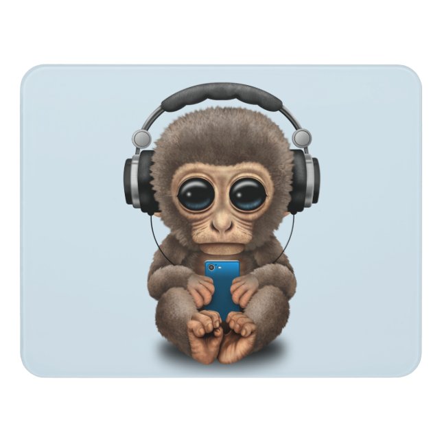Baby Monkey with Headphones and Cell Phone Door Sign (Contemporary Front)