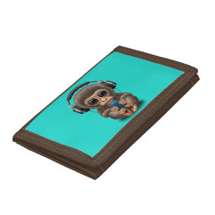 Baby Monkey with Headphones and Cell Phone Tri-fold Wallet