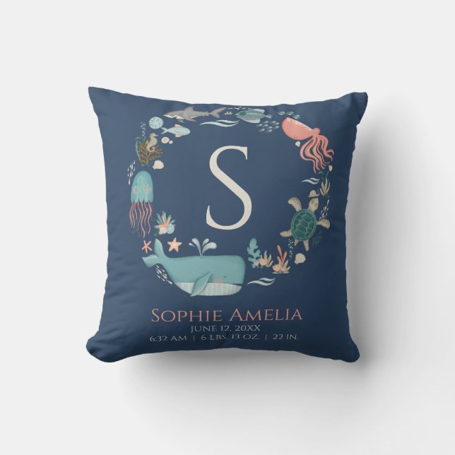 Baby Monogram Birth Stats Blue Under the Sea Throw Pillow (Front)