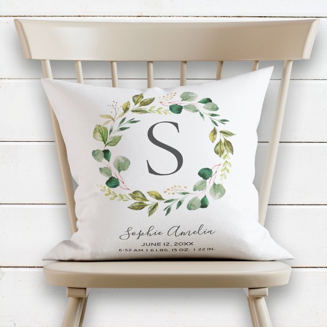 Baby Monogram Birth Stats Eucalyptus Leafy Wreath Throw Pillow (Creator Uploaded)