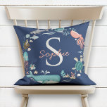 Baby Monogram Blue Under the Sea Octopus Throw Pillow<br><div class="desc">A modern child's monogram baby name pillow. This blue Under the Sea ocean animal design features a 'wreath' of hand painted watercolor sea animals, such as octopus, whale, jellyfish, and shells, seaweed and fish. This motif surrounds the elegant baby monogram initial, and is the same on front and back. Thank...</div>