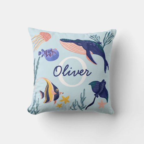 Baby Monogram Blue Under the Sea Whale Fish Throw Pillow
