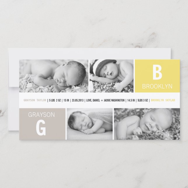 Baby Monogram Boy Girl Twins 4 Photo Yellow Birth Announcement (Front)