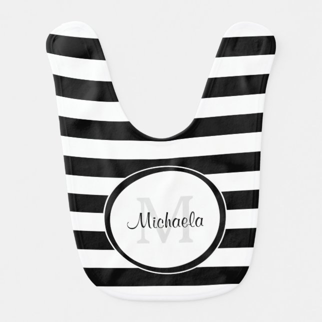 Baby Monogram Contemporary Black Awning Stripes Bib (Front)