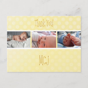 Baby monogram thank you, polka dots announcement postcard
