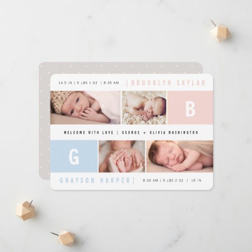 Baby Monograms Boy Girl Twins 4 Multi Photo Birth Announcement