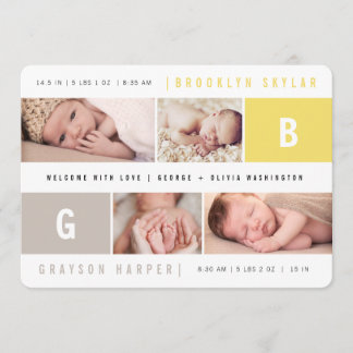 Baby Monograms Boy Girl Twins Birth Announcement