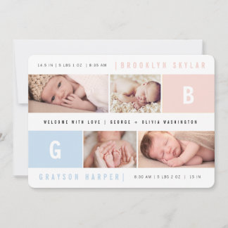 Baby Monograms Boy Girl Twins Birth Announcement