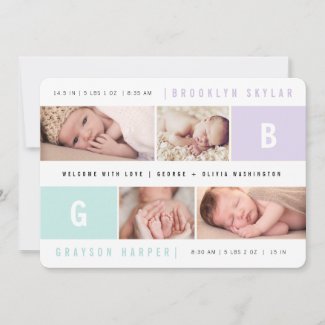 Baby Monograms Boy Girl Twins Birth Announcement
