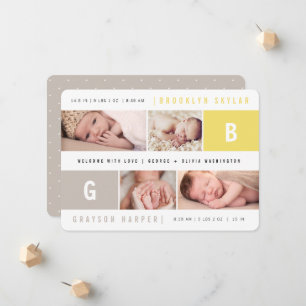 Baby Monograms Boy Girl Twins Yellow 4 Photo Birth Announcement