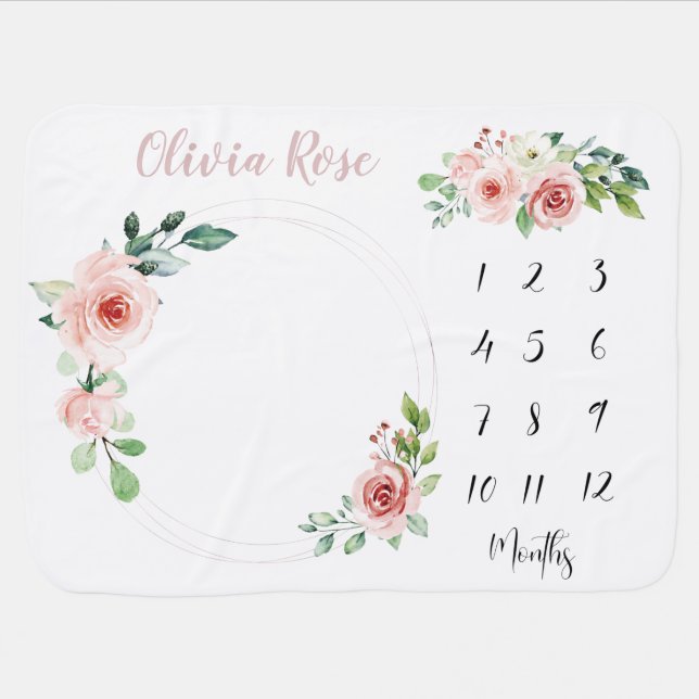 Baby Month Milestone Baby Girl Watercolor Flower Blanket (Horizontal)