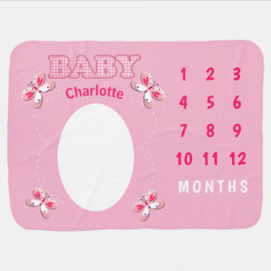 Baby Monthly Milestone Pink Gingham Butterfly New Blanket