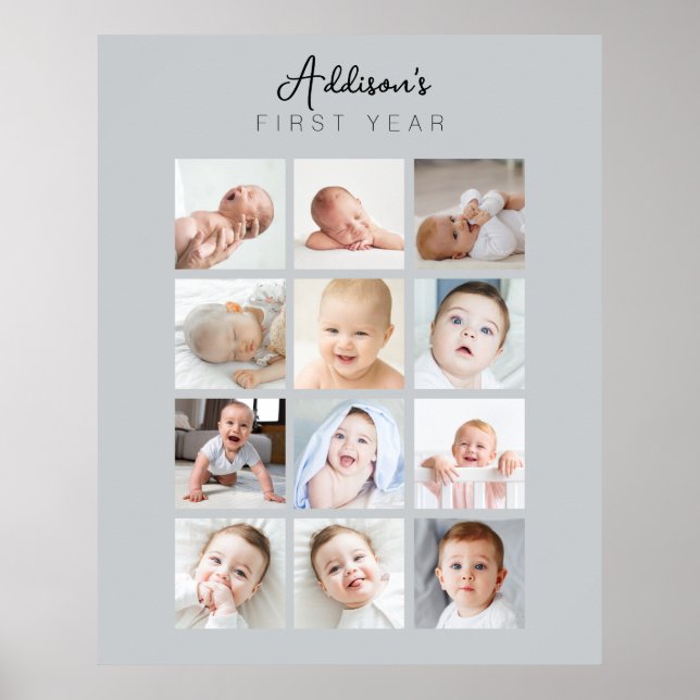 Baby Monthly Photo Poster First Year Gray (Front)