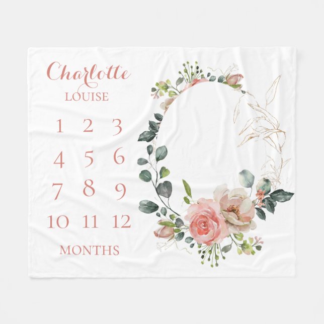 Baby Months Blush Floral Monogrammed Fleece Blanke Blanket (Front (Horizontal))